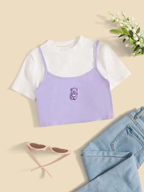 Crop Tops For Kids, Shein Kids, Belly Shirts, Bear Embroidery, Ropa Aesthetic, Crop Cami Top, Girls Crop Tops, Shein Outfits, Trendy Outfits For Teens