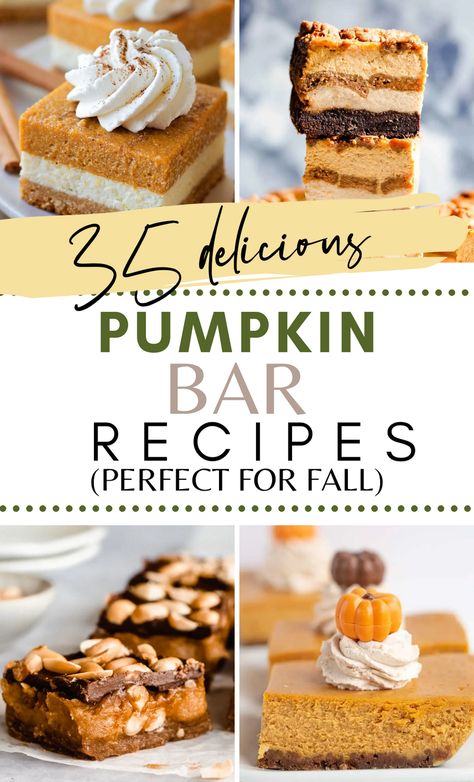 35 of the BEST Pumpkin Bars! Move over pumpkin spice latte and pumpkin pie, this fall season, easy pumpkin bars are striving to be the favorite pumpkin recipe! From cream cheese swirled bars to snickers pumpkin bars and protein bars and everything in between. These bars make great brunch items, snacks or desserts! Cookeskitchen1 Pumpkin Bars, Pumpkin Bar Recipes Best, Pumpkin Bar Desserts, Pumpkin Cookie Bars Recipe, Pumpkin Chess Bars, 9x13 Pumpkin Bars, Pumpkin Bar Recipes, Pumpkin Decadent Bars, Pumpkin Bars With Pumpkin Pie Spice