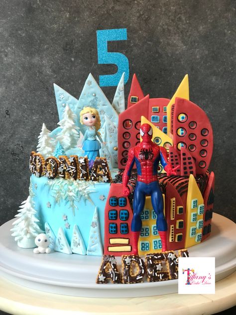 Custom Frozen Spideman Themed Cake. We are located in Allerod Denmark. Combined Birthday Parties, Neutral Birthday, Tiffany Cakes, Elsa Cake, Elsa Cakes, Spiderman Cake, Twin Birthday, Sweet Moments, Theme Cake