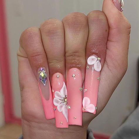 Long Square Press on Nails White Flower Fake Nails with Rhinestones Glossy Pink False Nail Tips Extra Long Artificial Nails Full Cover Spring Glue on Nails Exquisite Stick on Nails for Women, 24Pcs - spring nails Pink French Manicure, Blush Pink Nails, Fake Nails Long, Nails 3d, Leopard Print Nails, Nail Type, Pink French, Color Nails, Nail Forms