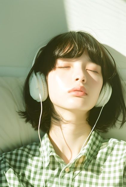 A woman listening to music with a headset on Headphones Pose Reference, Person Wearing Headphones, Person Listening To Music, Listening To Music Photography, Person With Headphones, Headphones Photography, Woman With Headphones, Girl Listening To Music, Woman Listening To Music