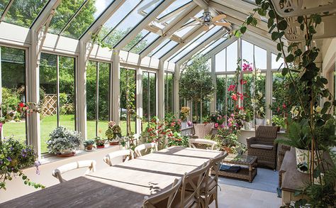 Space for 16 to dine and a layout to cultivate plants under glass comprised the brief for this Marston & Langinger project. Greenhouse Dining Room, Greenhouse Dining, Door Stripping, Central Hall, Log Burning Stoves, Norwegian Design, Pine Doors, Timber Table, Conservatory Dining Room