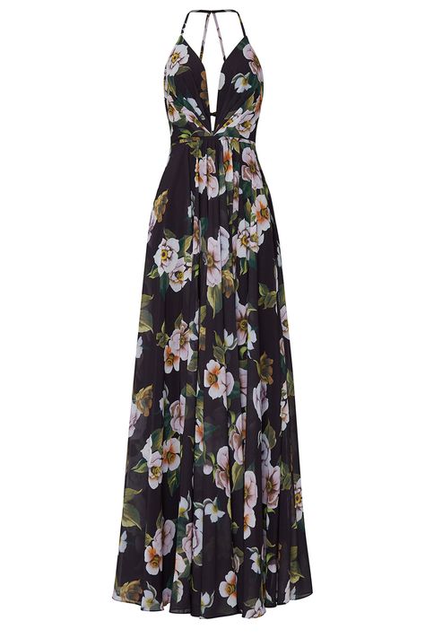 Black Floral V-Neck Maxi by FAVIANA for $65 | Rent the Runway Black Tie Wedding Guest Dress, Dark Floral Dress, Black Frock, Black Floral Print Dress, Black Floral Maxi Dress, Simply Dresses, Halter Neck Maxi Dress, Floral Dresses Long, Dress Beach