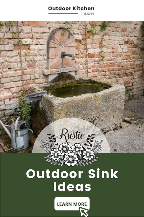 rustic outdoor sink Diy Outdoor Sink Ideas, Rustic Outdoor Sink, Rustic Outdoor Sink Ideas, Backyard Sink Ideas, Garden Sink Ideas Outdoor, Outside Sink Ideas Backyards, Garden Sinks Outdoor Diy, Outdoor Sink Station, Cottage Toilet