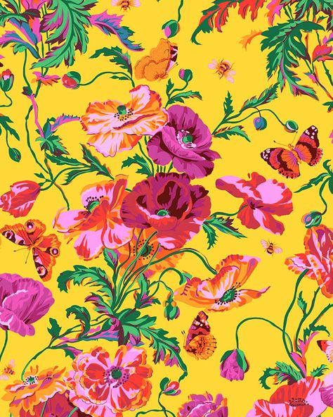 Kaffe Fassett Collective August 2022 - Meadow - Sunflower Yellow Baroque Motifs, Flower Print Pattern, Yellow Quilts, Spring Blossoms, Sunflower Yellow, Chinoiserie Wallpaper, Pretty Quilt, Wonderful Flowers, Free Quilt Patterns