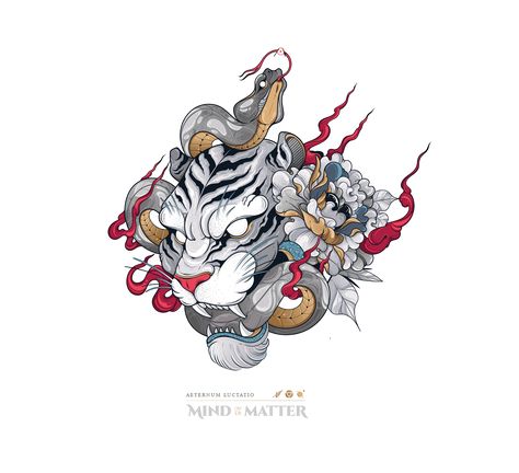 The Struggle is Constant - Mind over MatterVector illustration. Tiger and Snake. Denim Patch Mind Over Matter, White Tiger, Snakes, Matter, Stripes, Flowers, Red, Animals, Black