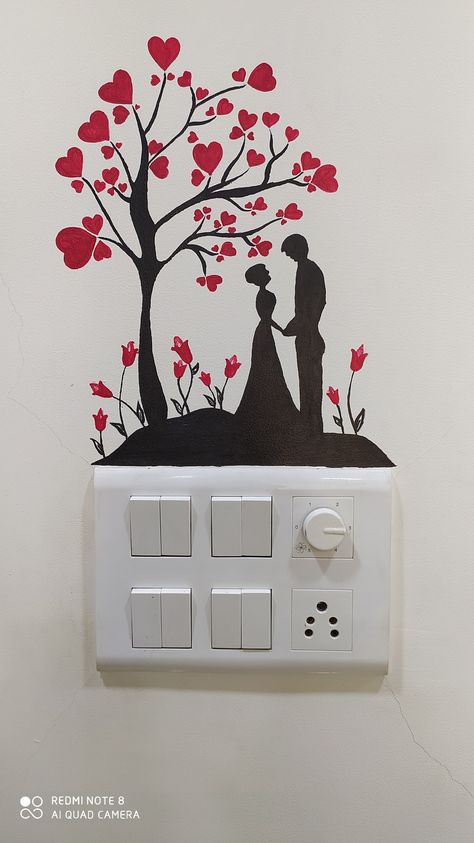 Couple Bedroom Wall Painting Ideas For Couples, Switch Board Art Ideas For Bedroom, Electric Board Design Painting, Switchboard Art Design For Bedroom, Simple Switch Board Painting, Swich Bord Paintings, Wall Painting Ideas Switch Board, Switch Board Art Ideas Room Decor, Switch Board Painting Wall Art