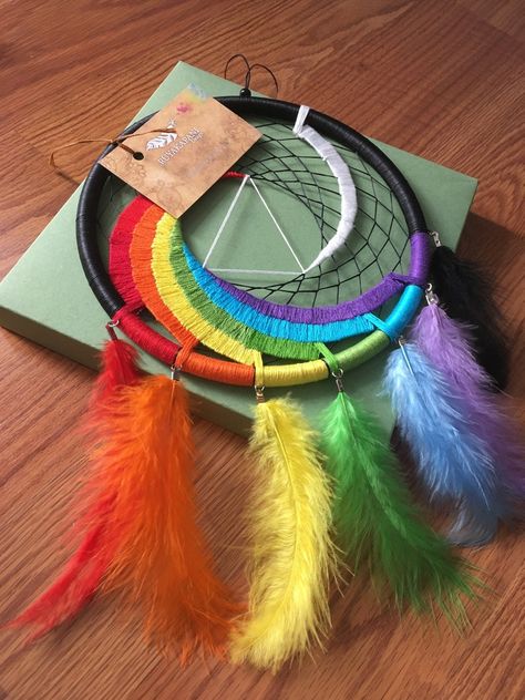 Rainbow Dream Catcher Multi Coloured Feather Wall Decor | Etsy Native American Wall Decor, Rainbow Dream Catcher, Wall Decor Colorful, Art Native American, Feather Wall Decor, Rainbow Wall Decor, Native American Decor, Coloured Feathers, Dream Catcher Diy