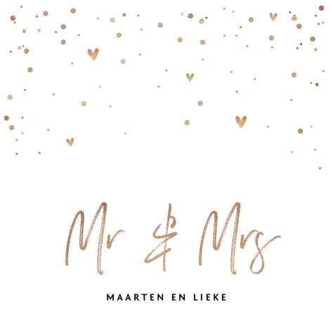 Stijlvolle en subtiele trouwkaart met goudlook letters, hartjes en confetti. Mr Mrs, Save The Date, Confetti, Arabic Calligraphy, Feelings, Van, Save The Date Cards