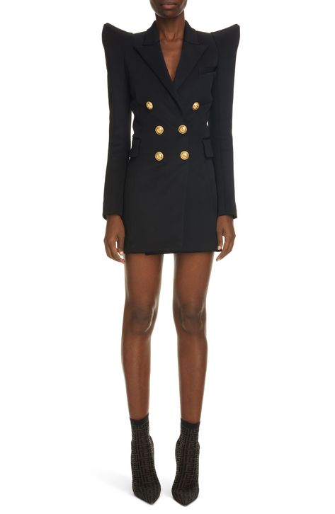 Balmain Pagoda Shoulder Long Sleeve Blazer Minidress available at #Nordstrom Pagoda Shoulder, Shoulder Pad Blazer, Fashion Couture, Long Sleeve Blazers, Double Breasted Blazer, Blazer Dress, Costume Design, Designer Outfits Woman, Women's Dresses