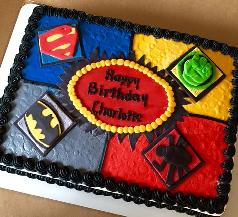 Superhero cake...Superman, Batman, Spider-Man, and Hulk #sheetcake #superherocake Superhero Sheet Cake Ideas, Super Hero Sheet Cake, Superhero Sheet Cake, Avengers Sheet Cake, Amazing Cake Decorating, Hero Cake, Lolly Cake, Little Mermaid Cake, Marvel Birthday Party