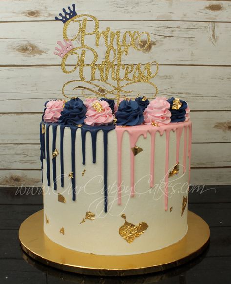 Navy Blue And Pink Gender Reveal Cake, Navy And Blush Gender Reveal Cake, Dark Blue And Pink Gender Reveal, Gender Reveal Drip Cake, Gender Reveal Cake Buttercream, Pink And Blue Cake Ideas, Navy Blue And Pink Cake, Navy And Pink Gender Reveal Cake, Gateau Gender Reveal