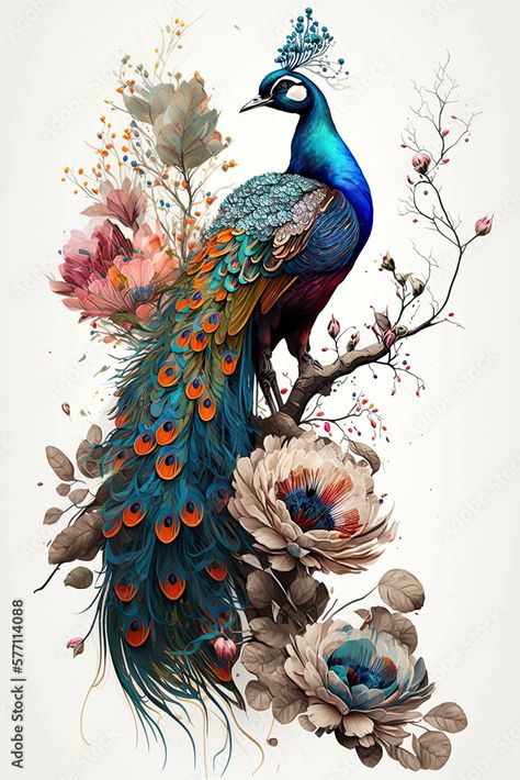 Download watercolor peacock on a branch with flowers, white background, generative AI finalized in Photoshop by me Stock Illustration and explore similar illustrations at Adobe Stock. Peacock And Flowers Painting, Peacock Digital Art, Peacock Art Painting, Branch With Flowers, Flowers White Background, Watercolor Peacock, Digital Graphics Art, Blue Bird Art, Peacock Pictures