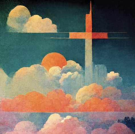 Mid Century christian poster, Christian Illustration, Vintage Christian print, Christian cross and clouds, Vintage heaven print Christian Poster Ideas, Cloud Illustration Design, Heaven Illustration, Hippie Christian, Church Illustration, Cross Illustration, Cloud Poster, Cross Photography, Family Meme