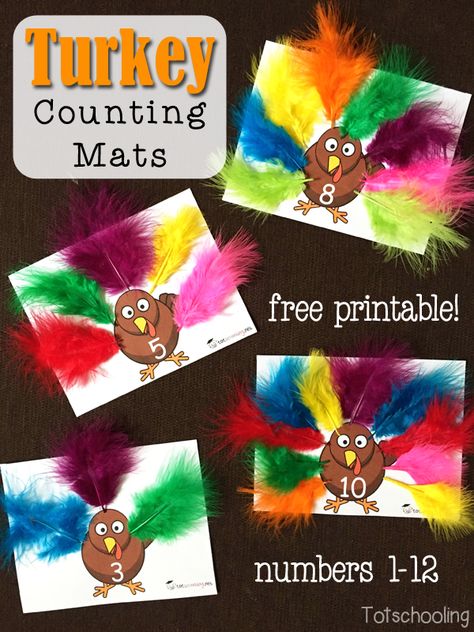 Download these free printable counting cards with featherless turkeys. Have your students place the correct amount of feathers on each turkey! Thanksgiving Math Kindergarten, Turkey Math, Thanksgiving Activities For Kindergarten, Preschool Math Centers, Thanksgiving Math Activities, Counting Mats, Thanksgiving Activities Preschool, Toddler Math, Thanksgiving Kindergarten