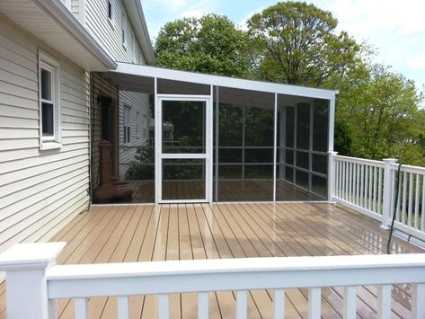 Partially Screened in Deck in a lean-to style against house Partially Screened In Deck, Partially Screened In Porch, Lean To Screened In Porch, Screened In Deck On A Budget, Backyard Screened In Patio, Screened Deck, Addition Plans, Cinnamon Fern, Small Lake Houses