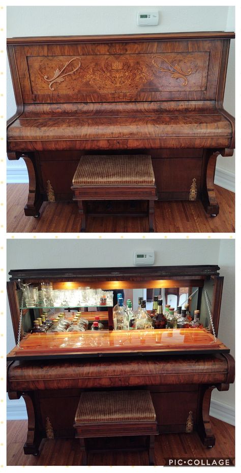 1868 Piccolo Cottage piano transformed into a bar. Epoxied cedar plank serves as bar top. 2021 Cedar Planks, Piano Bar, Home Bar Furniture, Bar Top, A Bar, Bar Furniture, Home Bar, Piano, Cottage