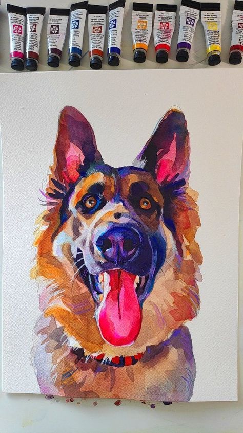 German Shepherd Art Painting, Watercolor German Shepherd, German Shepherd Drawings, Akvarel Painting, Marker Inspiration, German Shepherd Painting, German Shepherd Art, Dog Portraits Art, Watercolor Dog Portrait