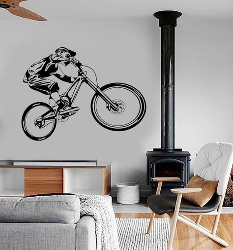 Wall Stickers Sports, Garage Playroom, Sports Wall Decor, Sports Wall Decals, Kids Room Murals, Office Wall Decals, Bicycle Sport, Cool Decor, Modern Garage