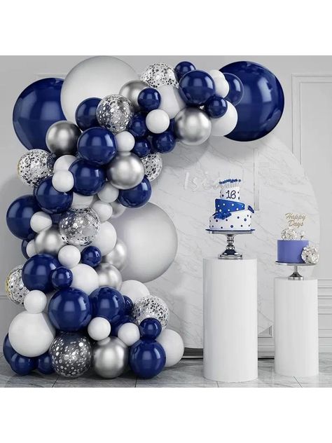 azul real  Collar  Látex   Embellished   Decoración de fiesta Blue Silver Balloons, Silver Party Decorations, Silver Balloons, Balloon Wreath, Deco Ballon, Balloons Arch, Silver Confetti, Prom Decor, White Confetti