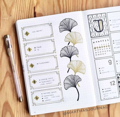 Art Deco Bullet Journal, Bujo Weekly Spread, Art Deco Theme, Bullet Journal Ideas Templates, Bullet Journal Hacks, Ginkgo Leaves, Bullet Planner, Bullet Journal Weekly Spread, Creation Art