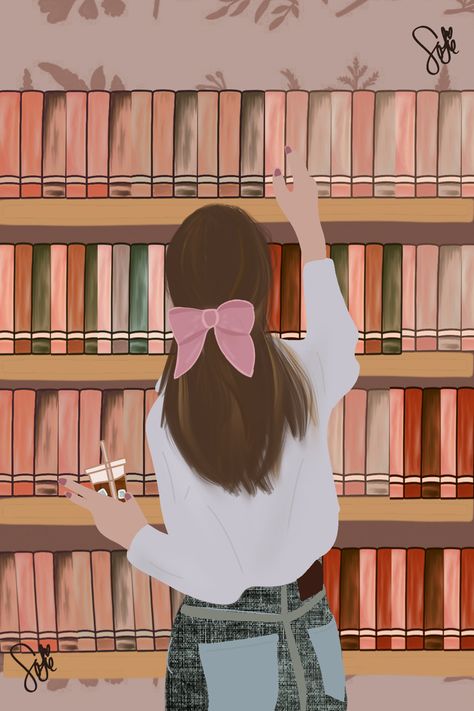 Library Illustration Aesthetic, Women Reading Books Art, Library Art Aesthetic, Women In Library, Girly Library, Aesthetic Girly Pics, Woman Reading Illustration, Librarian Art, Girl In Library