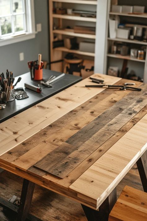 Learn how to build a DIY farmhouse table from scratch! This guide will walk you through each step to create a timeless piece of furniture that adds rustic charm to your home. 🏡✨ #DIYFarmhouseTable #WoodworkingProjects #RusticHomeDecor #FarmhouseStyle #DIYFurniture How To Build A Harvest Table, Build Table Diy, Barn Table, Build A Farmhouse Table, Rustic Kitchens, Diy Table Top, Rustic Farmhouse Table, Diy Farmhouse Table, Harvest Table