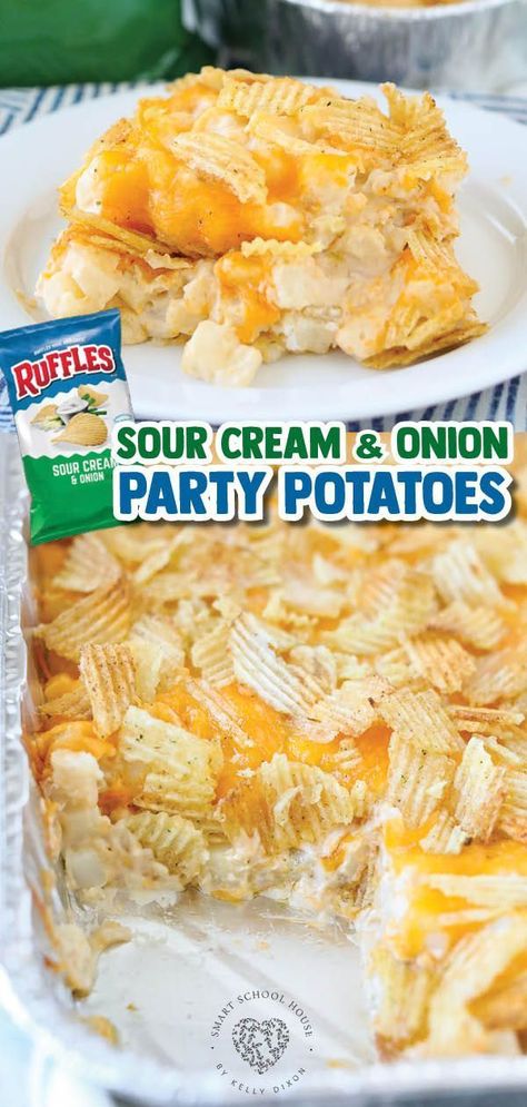 Sour Cream and Onion Party Potatoes will be the biggest side dish hit at the table! Everyone’s favorite Ruffles Sour Cream and Onion chips combined with diced hash browns in a cheesy French onion cream sauce. As a side dish, this tastes great with ribs and burgers at a BBQ or potluck. Party Potatoes are also wonderful alongside baked chicken and veggies! Baked in just one dish with minimal cleanup, this is a great recipe for kids to help with. Save this now! Side Dish For Camping, Sides Dishes With Ribs, Gameday Side Dishes, Birthday Party Sides Dishes, Sour Cream And Onion Potatoes, Side Dishes For Supper, Birthday Side Dishes, Good Sides With Burgers, Easy Side Dishes For Family Reunion