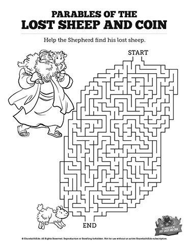 Featuring illustrations from Luke 15, this Kids Bible Maze is the perfect complement to your upcoming Parables of the Lost Sheep and Coin lesson. Combining a little challenge with a lot of fun this Kids Bible activity will be a hit with your class! The Lost Coin Activities, Parable Of The Lost Sheep Activities, Parable Of The Lost Sheep Craft, Luke 15 Lost Sheep, Wednesday School, Bible Mazes, Jungle Vbs, Sunday School Worksheets, Luke 15