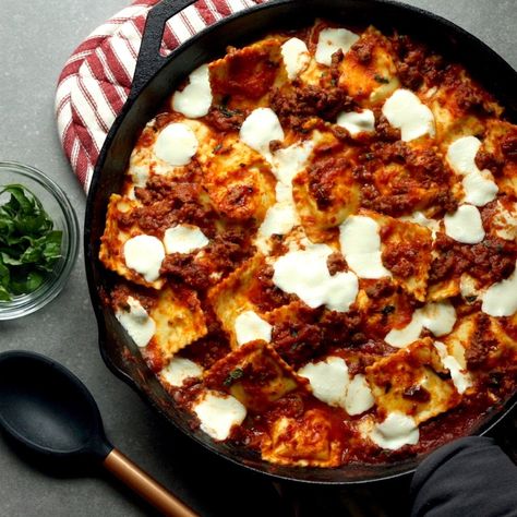 Skillet Ravioli Lasagna Recipe - EatingWell Skillet Ravioli, Ravioli Lasagna, Skillet Meals, Lasagna Recipe, Healthy Aging, Comfort Foods, Ground Beef Recipes, Ravioli, Skillet