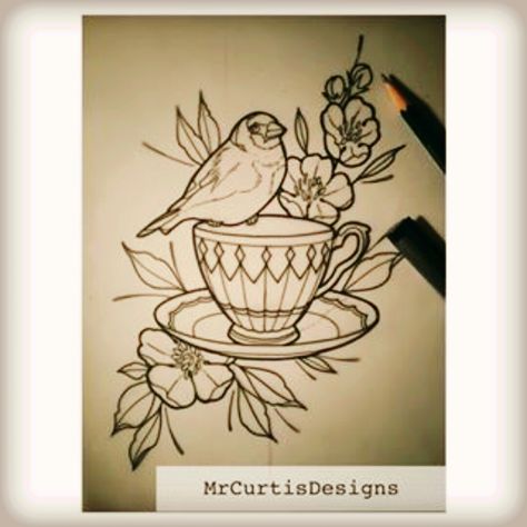 Bird Tattoo Leg, Leg Quotes, Tattoo Initials, Teapot Tattoo, Teacup Tattoo, Diy Tattoo Permanent, Vogel Tattoo, Cup Tattoo, Fairy Wren