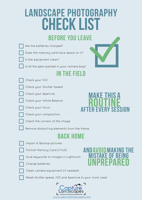 Landscape Photography Checklist Photography Checklist, Photographer Checklist, Landscape Photography Settings, Outdoor Photography Cheat Sheet, Camera Settings For Outdoor Portraits Cheat Sheets, Landscape Photography Cheat Sheet, Starting Photography Business Checklist, Photography Cheat Sheets, Photography Filters