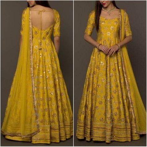 Yellow Anarkali Suits For Haldi, Long Suits Indian Party Wear, Heavy Suits Indian Party Wear, Long Dresses Indian Style, Saree Recycle Dresses Indian, Yellow Dress For Haldi Function, Yellow Anarkali Dress, Desi Look, Haldi Dress