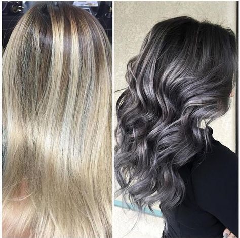 This dramatic transformation - from perfectly pretty blonde to striking, stormy silver/grey--was created by @sydniiee who works her magic in Visalia, CA. FORMULA: Kenra Professional 7SM and 8VM (2:1 parts) with Blue additive on the roots and 7VM and 8VM (equal parts) with Violet additive on the ends. Charcoal Hair Color, Guy Tang Hair, Charcoal Hair, Silver Ombre Hair, Pretty Blonde, Hair Color Formulas, Silver Grey Hair, Stormy Weather, Haircut And Color