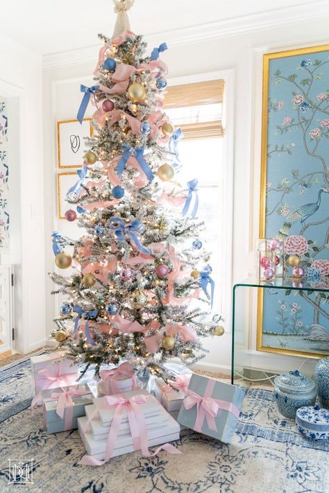 Christmas Tree For Playroom, Nursery Christmas Tree Boy, Pink And Navy Christmas Decor, Navy And Blush Christmas Tree, Grand Millenial Christmas Tree, Love Shack Fancy Christmas Tree, Pink And Blue Christmas Tree, Grand Millennial Christmas, Preppy Christmas Tree