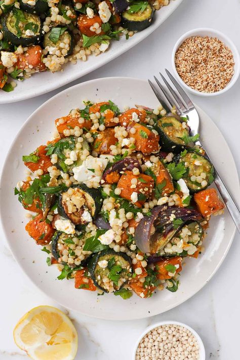 Pear Couscous Salad, Pumpkin Couscous Salad, Zucchini Couscous, Pumpkin And Feta Salad, Pumpkin Zucchini, Pearl Couscous Salad, Roast Pumpkin Salad, Couscous Salad Recipes, Halloumi Salad