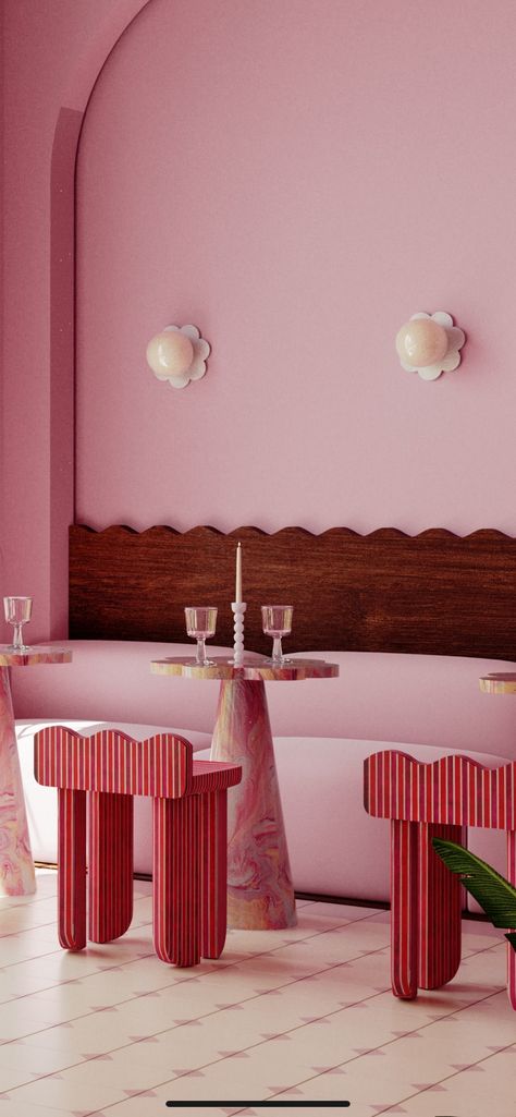 Wood And Pink Interior, Art Deco Playroom, Pink Shop Aesthetic, Funky Restaurant Interior, Pink Home Bar, Scalloped Wainscoting, Sweet Corner Ideas, Corner Wall Design, Pink Hotel Room