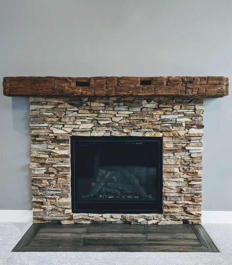 Stone Fireplace With Wooden Mantle, Stone For Fireplace Surround, Ledgestone Fireplace With Mantle, Stacked Stone Fireplace With Mantel, Half Stone Fireplace, Ledgestone Fireplace, Stone Fireplace Decor, Faux Stone Fireplaces, Buechel Stone