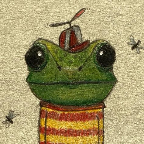 Frogs With Hats Drawing, 4 Style Drawing, Funky Art Watercolour, Indie Art Drawings, Green Things To Draw, Indie Art Ideas, Little Frog Drawing, Cute Frogs Art, Funky Drawing Ideas