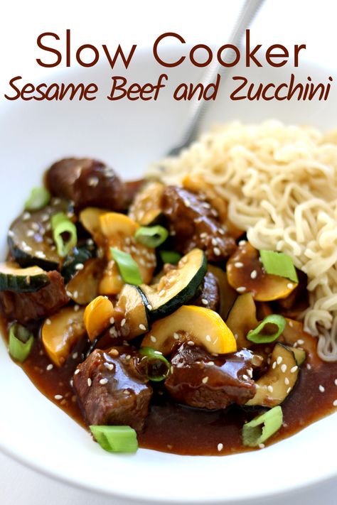 Slow Cooker Sesame Beef with Zucchini—tender chunks of beef with bites of zucchini in an easy stir fry sauce. #slowcooker #crockpot #beef Beef Chunks Recipes Crockpot, Beef With Zucchini, Easy Stir Fry Sauce, Sesame Beef, Batch Recipes, Asian Recipe, Easy Stir Fry, Fry Sauce, Stir Fry Sauce