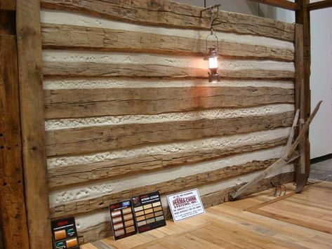 Antique hand-hewn siding wall - horizontal / Permachink chinking was used inbetween Rough Sawn Wood Wall, Chinking Interior Walls, Faux Cabin Walls, Barn Wood Walls, Modern Lodge Style, Cabin Walls, Barn Remodel, Quonset Homes, Lodge Ideas