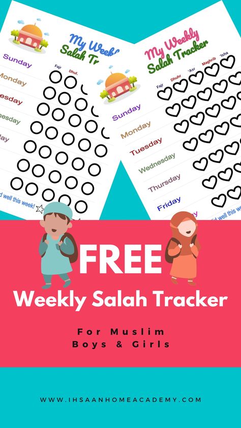 FREE weekly Salah Tracker for Muslim Boys and Girls. It's a simple, fun, beautiful and effective tracker for your children. Let me know if you use it and how you found it. Kindly share with others to spread the reward. #islamicprintables #salahtracker #freehomeschoolingresources #freeprintable #islamicresourcesforchildren #islamicresources #ihsaanhomeacademy Salah Tracker Printable, Salah Party, Salah Tracker, Ramadan Tips, Printable Reward Charts, To Do Checklist, Tracker Free, Reward Chart Kids, Homeschooling Resources