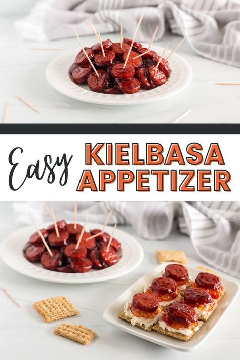 You are going to love this Easy Kielbasa Appetizer! The savory sausage is smothered in a sweet and spicy sauce that is so irresistible! They’re the perfect little party appetizer, whether you’re entertaining a crowd at a fancy holiday party or casually watching the big game on a Sunday afternoon. Smoked Sausage Finger Food, Kielbasa Sausage Appetizers, Kielbasa Appetizers For Party, Kielbasa Appetizer Recipes, Sausage Appetizers For Party, Kielbasa Skewers, Sausage Finger Food, Kielbasa Appetizer, Superbowl Recipes