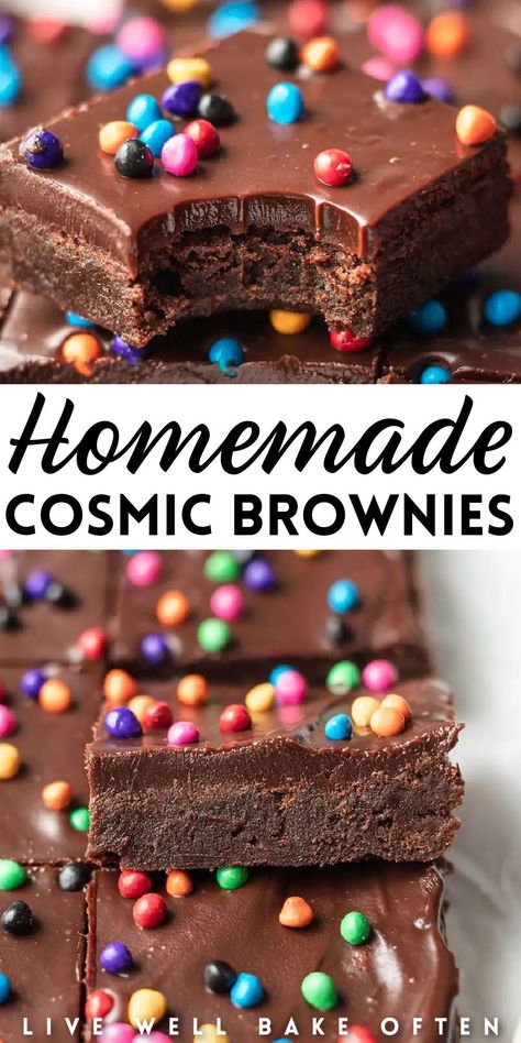 Dense Brownies, Homemade Cosmic Brownies, Live Well Bake Often, Classic Brownies Recipe, Cosmic Brownies, Brownie Frosting, Chocolate Ganache Frosting, Ganache Frosting, Brownie Toppings