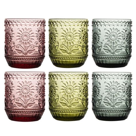 PRICES MAY VARY. Set of 6 drinking glasses (Mixed Color 2 green & 2 purple & 2 gray), measures12 oz capacity; The elegant vintage design and beautiful colors make these glasses unique for any event any occasions. Made of high quality, durable, thick glass — Dishwasher Safe — Microwave Safe — Capacity of 12 fl oz (fluid ounces) - 350mL (milliliters) — Each glass measures approximately 3" in diameter with 4.25" height Ideal for everyday use with hot or cold beverages, just pour in your favorite co Cute Glassware, Color Glassware, Cute Glass Cups, Cups And Glasses, Purple Gifts, Juice Glass Set, Fantasy Aesthetics, Glasses Unique, Dishware Sets