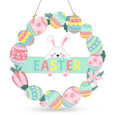 PRICES MAY VARY. Are you looking for a special easter door sign from easter decorations for the home? Our spring decorations for home is one you won't want to miss. Add charm to your holiday season with this eye-catching easter bunny decor featuring a bunny, eggs and flowers, a lifelike look and a beautiful color palette that will go perfectly with your front door or windows to welcome Easter and spring, and is sure to put a smile on the face of everyone who sees it! You will get a lovely easter hanging bunny, the suitable size can be hung perfectly on your front door or anywhere in the indoor. Our easter door wreath are made of high quality wood, safe and odorless, smooth to the touch, not easy to corrode or break, high attention to detail and craftsmanship of the product ensures that it Easter Wreaths For Front Door, Promotion Decoration, Easter Outdoor, Rabbit Wreath, Wreath Storage, Christmas Garden Decorations, Easter Door Decor, Door Hanging Decorations, Bunny Eggs