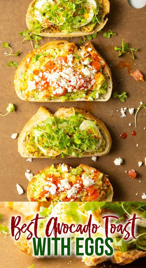 Best Avocado Toast with Egg - Take avocado toast to the next level by adding an egg and your favorite toppings! You'll love these easy tips and ideas to brighten your breakfast routine. #avocadotoast #bestavocadotoast #avocadotoastwithegg #breakfastrecipes #breakfastideas #brunch #quickbreakfast #aspicyperspective Breakfast With Eggs And Avocado, Guacamole Toast Egg, Fancy Avocado Toast With Egg, Avocado Toast With Salmon And Egg, Avocado Egg Toast Recipe, Avocoda Toast, Healthy Avocado Toast Recipes, Avacacado Toast Recipes, Avocado Toast Recipe Egg