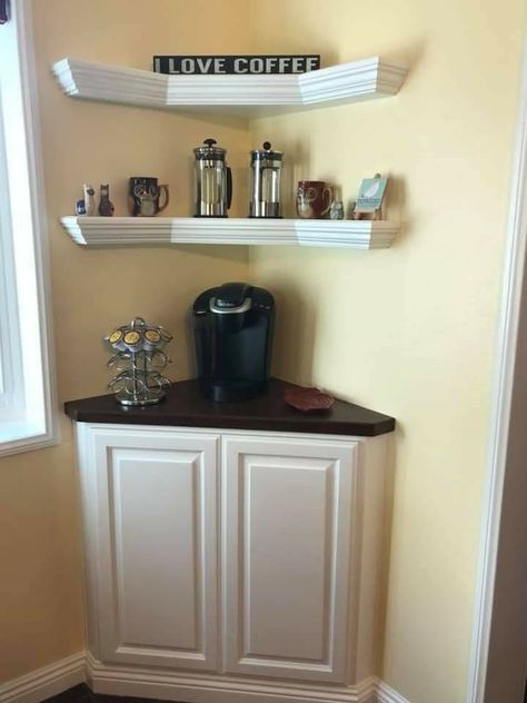 Corner Coffee Bar Cabinet, Coffee Nook Ideas Cozy Corner, Small Corner Coffee Bar Ideas, Coffee Corner In Living Room, Corner Cabinet Coffee Bar, Diy Corner Coffee Bar, Mini Coffee Bar Small Spaces, Coffee Bar Corner, Corner Coffee Station