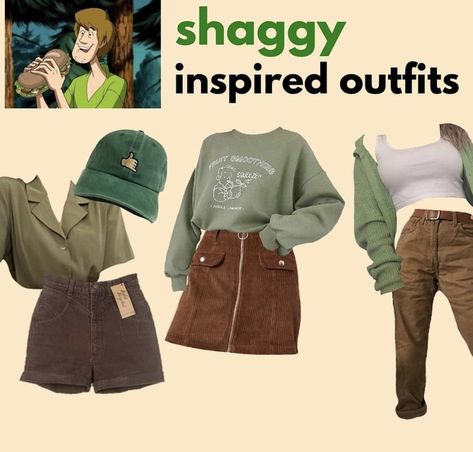 Outfits Inspired By Cartoons, Shaggy Inspired Outfits Scooby Doo, Womens Shaggy Costume, Outfits Based On Cartoon Characters, Dress As Your Favorite Character Day, Outfits Based On Characters, Shaggy Inspired Outfits, Shaggy Outfit Scooby Doo, Cartoon Character Inspired Outfits