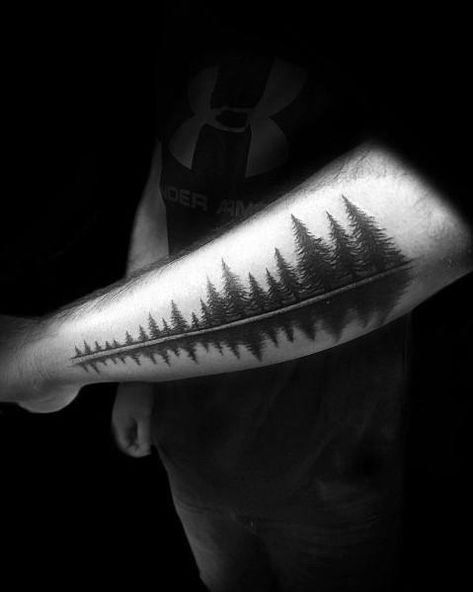 Tattoos For Outer Forearm, Boundary Waters Tattoo, Lake Reflection Tattoo, Tree Line Tattoo Forearm, Simple Nature Tattoos Men, Water Reflection Tattoo, Treeline Tattoo, Outdoor Tattoos For Men, Forarm Tattoos Mens